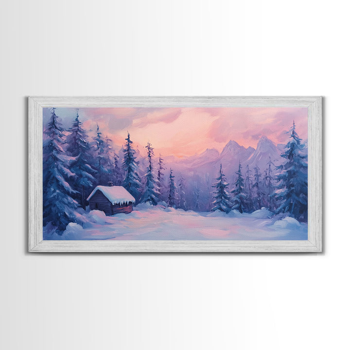 Cozy Cabin Surrounded By Winter Trees Tall Art Framed Canvas Print Serene Snowy Forest Cabin Landscape With Warm Interior Lights