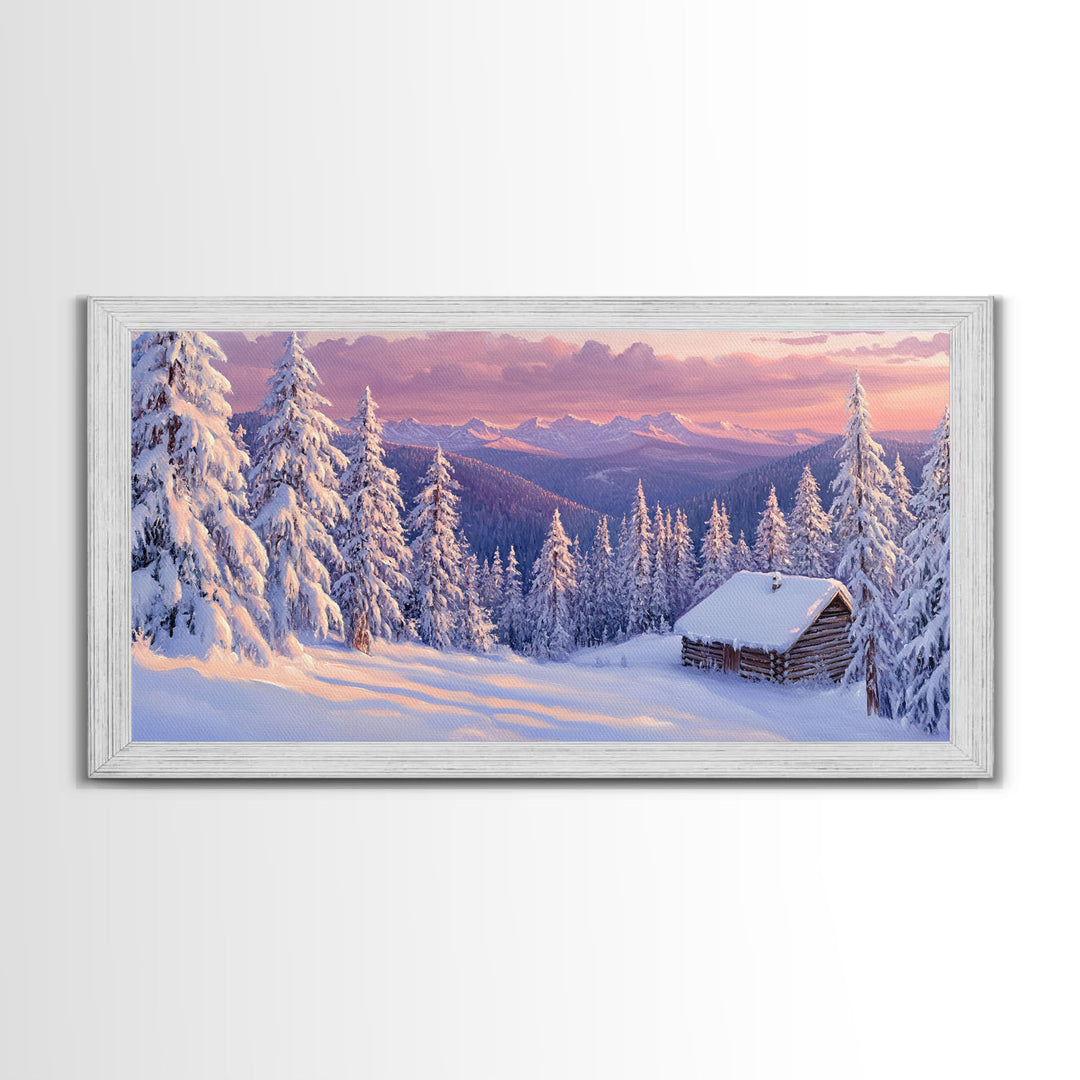 Mountain Cabin At Sunrise Tall Art Framed Canvas Print Winter Snow Covered Trees And Cabin In Mountains With Pastel Sky