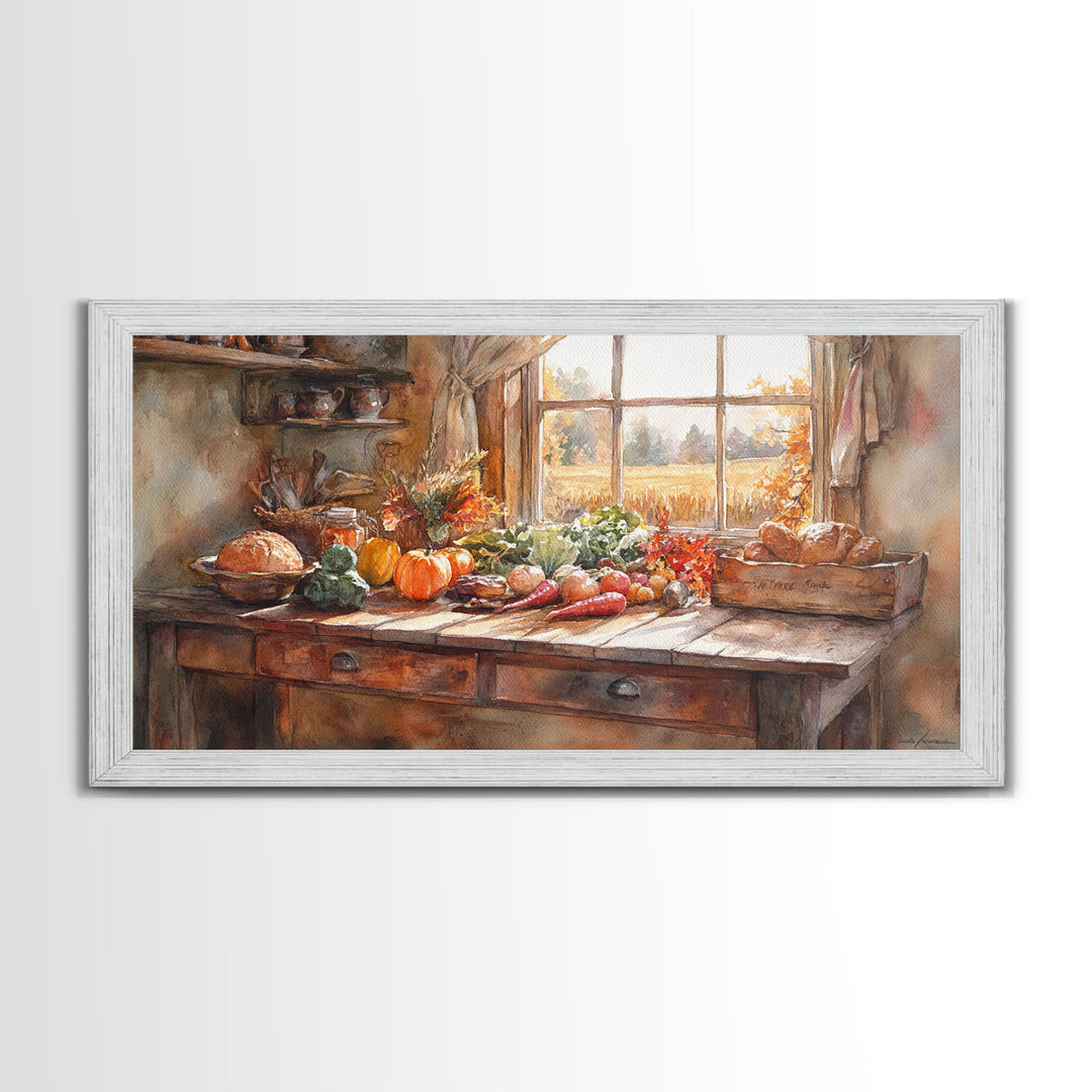 Autumn farmhouse scene art, seasonal wall decor, vintage fall wall art, rustic autumn home decor, gift idea, framed canvas print