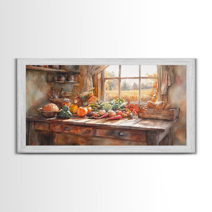 Autumn farmhouse scene art, seasonal wall decor, vintage fall wall art, rustic autumn home decor, gift idea, framed canvas print