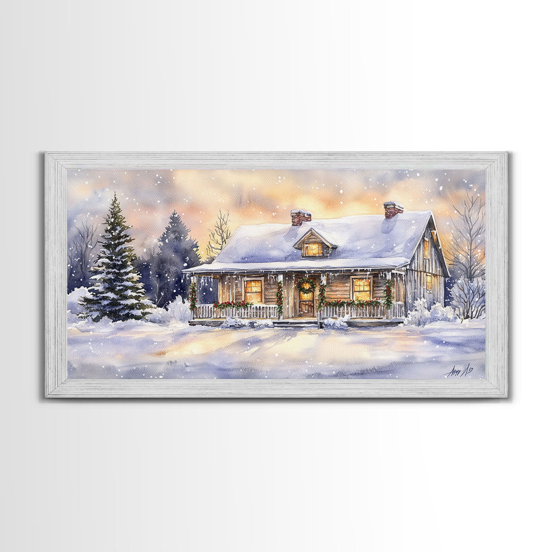 Log cabin in winter, snowy holiday art, farmhouse Christmas decor, rustic Christmas, vintage wall art, framed canvas print