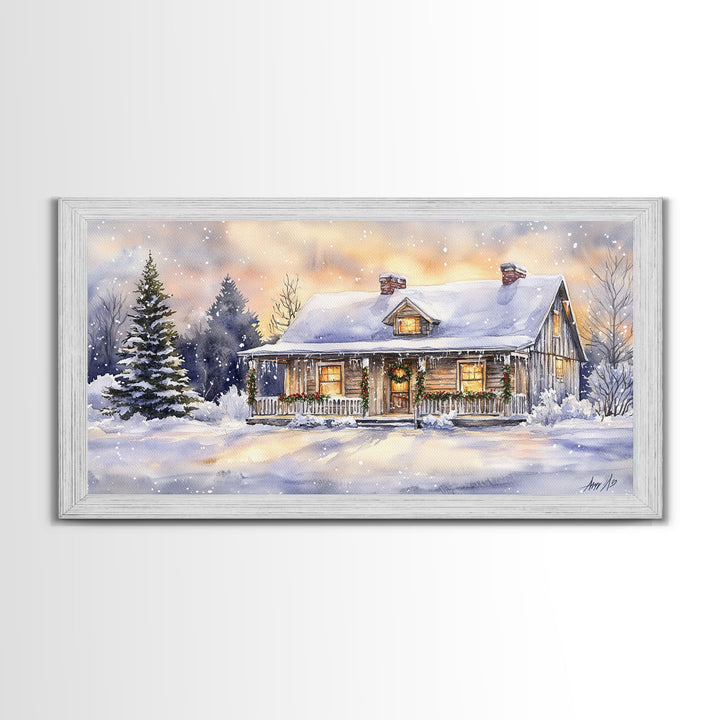 Log cabin in winter, snowy holiday art, farmhouse Christmas decor, rustic Christmas, vintage wall art, framed canvas print