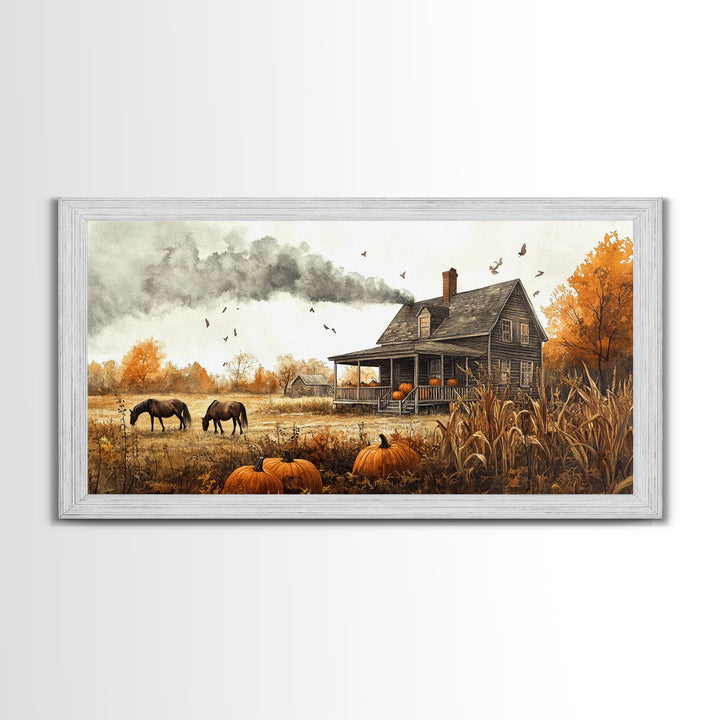 Horses grazing in autumn landscape, fall farmhouse decor, rustic wall art, decor, vintage fall wall print, framed canvas print