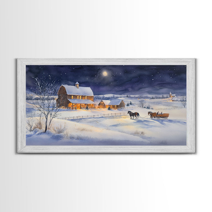 Horse and Barn in Snowy Christmas Scene, Framed Canvas Print, Winter Christmas Decor, Farmhouse Christmas, Rustic Holiday Art, Wall Art