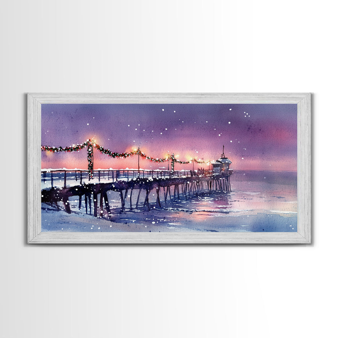 Snow-Covered Pier at Dusk with Christmas Lights, Framed Canvas Print, Coastal Holiday Decor, Winter Wonderland, Nautical Christmas Wall Art