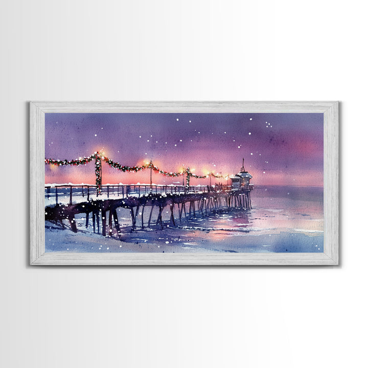 Snow-Covered Pier at Dusk with Christmas Lights, Framed Canvas Print, Coastal Holiday Decor, Winter Wonderland, Nautical Christmas Wall Art