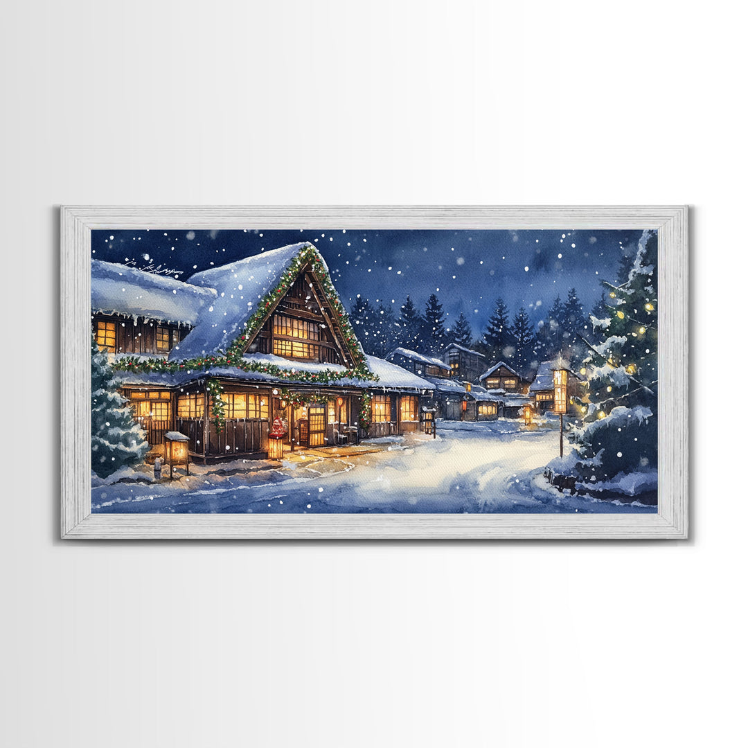 Cozy Snowy Christmas Cabin Scene Canvas Print | Winter Wonderland Christmas Wall Art | Rustic Christmas Decor | 2024 Holiday Art Gift