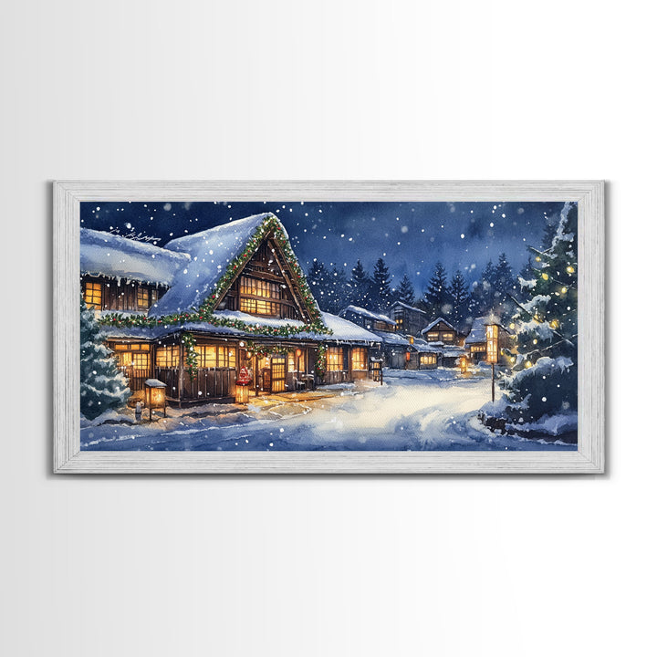 Cozy Snowy Christmas Cabin Scene Canvas Print | Winter Wonderland Christmas Wall Art | Rustic Christmas Decor | 2024 Holiday Art Gift