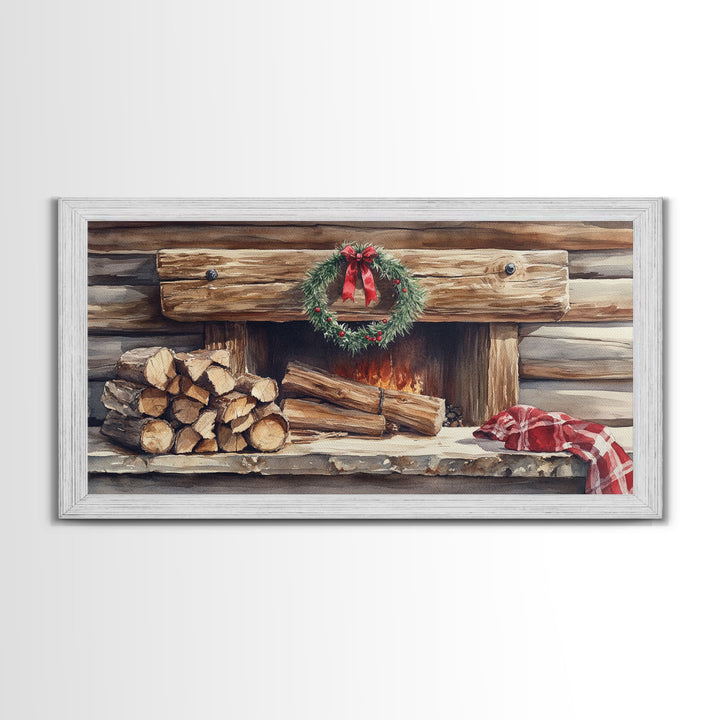 Cozy Cabin Fireplace Christmas Canvas Print | Rustic Christmas Wall Art | Holiday Home Decor | Christmas Mantle Decor | 2024 Christmas Gift