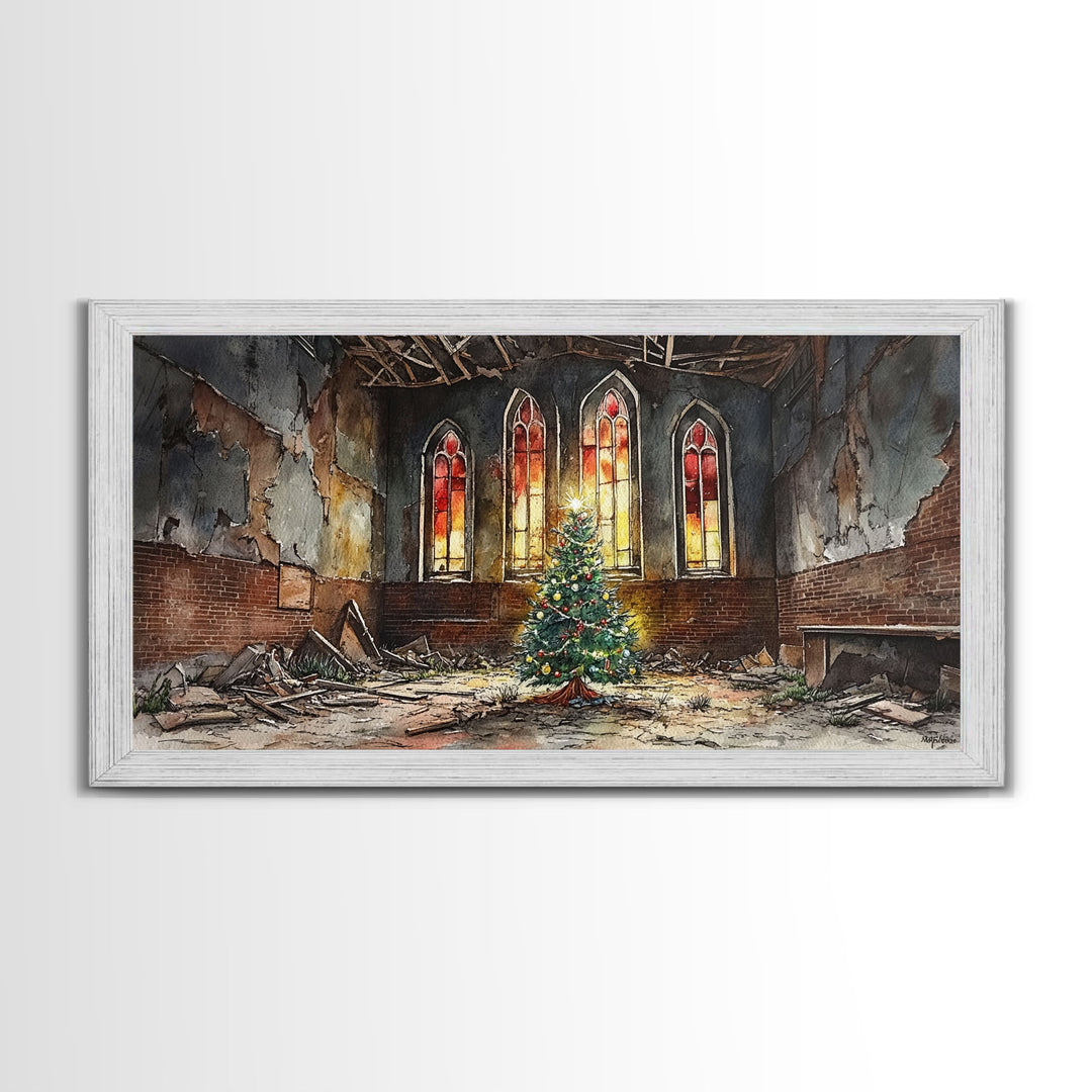 Christmas tree in abandoned church art, framed canvas print, rustic Christmas decor, winter decor, vintage Christmas scene art for home