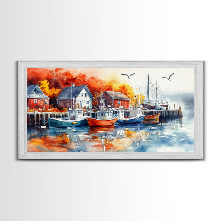 Colorful boats harbor framed canvas print, rustic autumn coastal decor, fall home decor, vintage nautical art gift idea, seasonal wall art