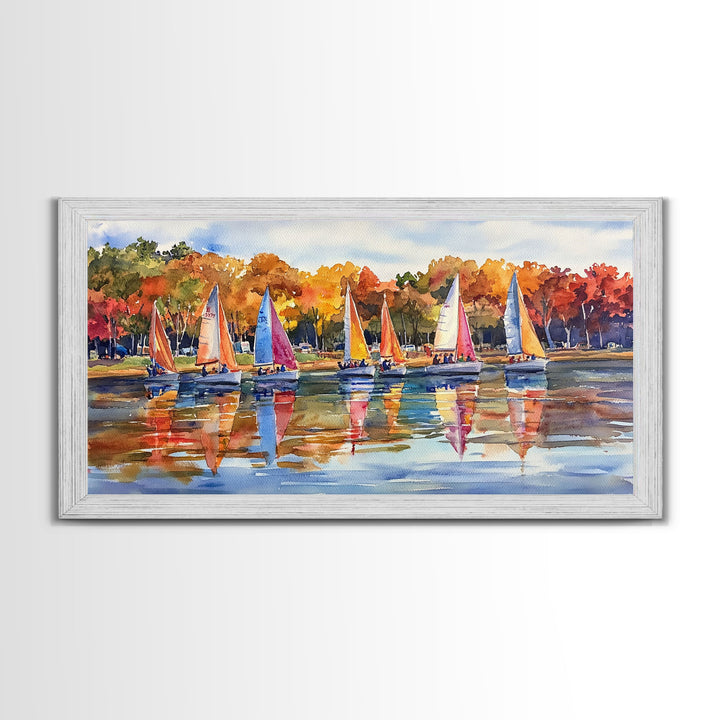 Sailboats on autumn lake, framed canvas print, colorful fall decor, nautical wall art for fall home, rustic autumn wall art, gift idea