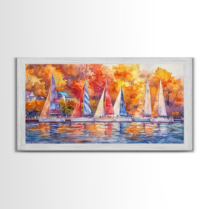 Sailboats in autumn harbor framed canvas print, colorful fall decor, rustic nautical wall art, autumn home decor, fall landscape wall art