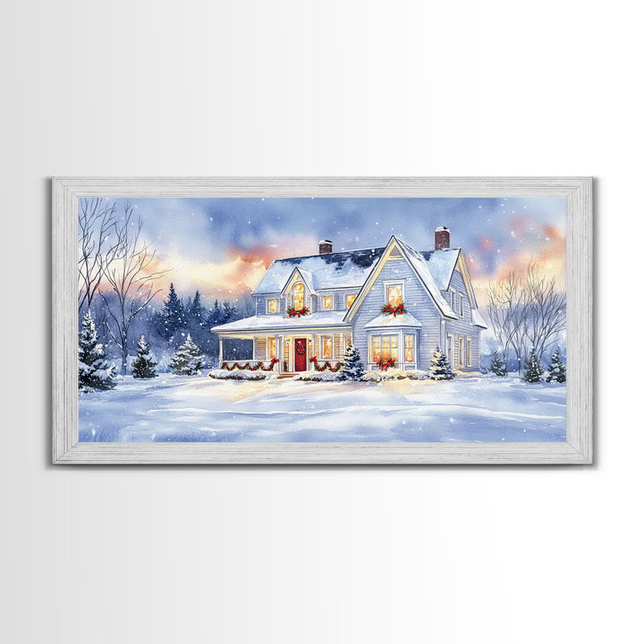 Cozy Winter House with Snowy Landscape, Christmas Decor, Framed Canvas Print, Farmhouse Christmas Decor, Seasonal Wall Art, Gift Idea
