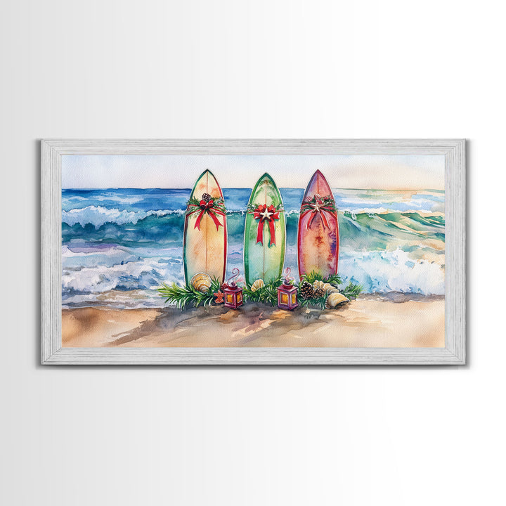 Beach Christmas Decor with Surfboards, Tropical Christmas Art, Framed Canvas Print, Watercolor Wall Art, Coastal Holiday Decor Art Gift Idea