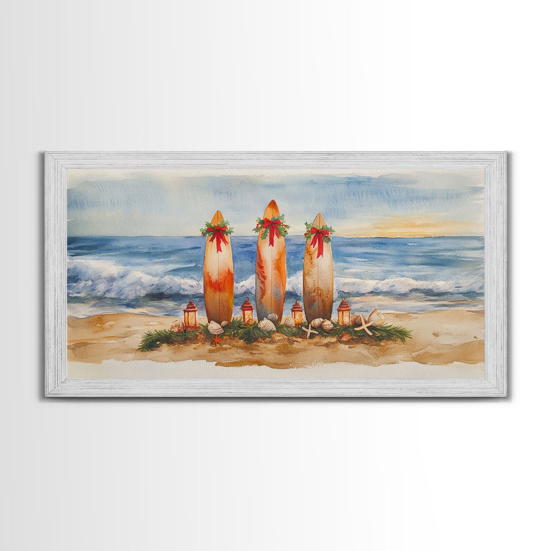 Coastal Christmas Surfboard Scene, Beach Christmas Decor, Framed Canvas Print, Watercolor Wall Art, Tropical Holiday Decor, Best Gift Idea