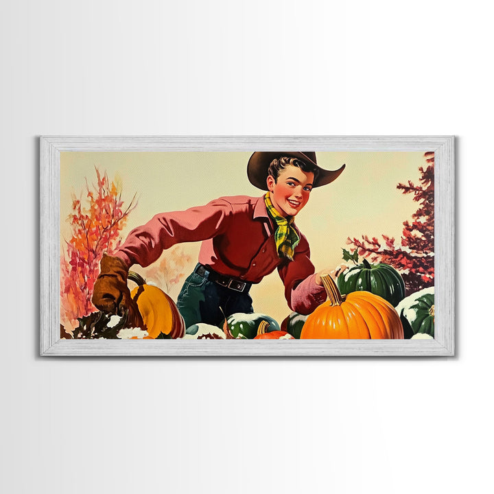 Autumn Cowboy with Pumpkins Framed Canvas Print, Vintage Fall Decor, Gift Idea, Farmhouse Wall Art, Rustic Pumpkin Patch, Holiday Home Decor