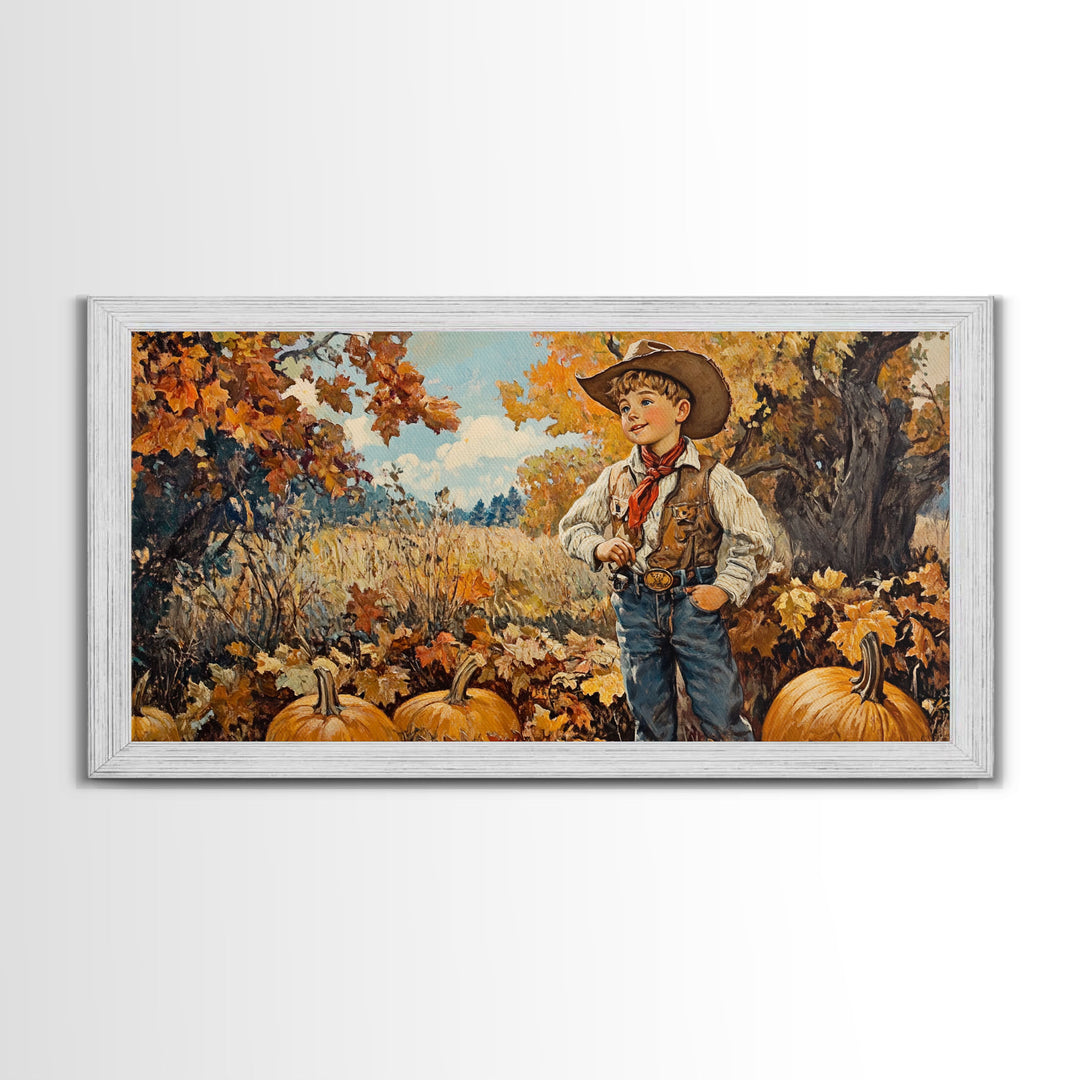 Vintage Fall Cowboy Framed Canvas Print, Retro Autumn Wall Art, Farmhouse Pumpkin Patch, Gift Idea, Harvest Home Decor, Rustic Art Piece