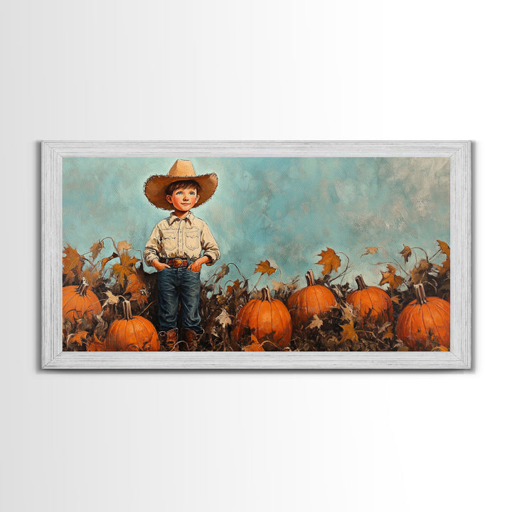Cowboy Boy with Pumpkins Framed Canvas Print, Fall Wall Art, Rustic Farmhouse Decor, Vintage Harvest Print, Gift Idea, Holiday Home Decor