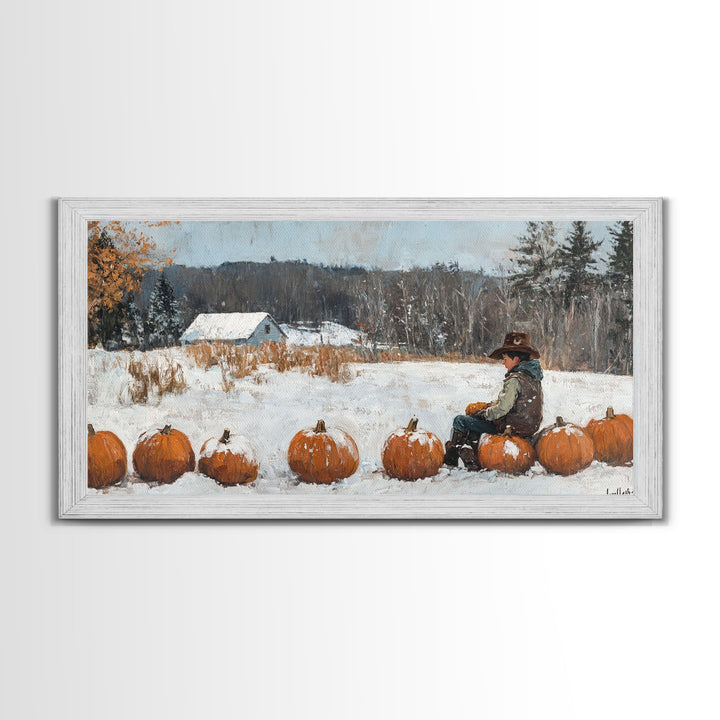 Cowboy Sipping Coffee Autumn Decor Framed Canvas Print Perfect Above Sofa Wall Art Western Home Decor Moody Fall Artwork Rustic
