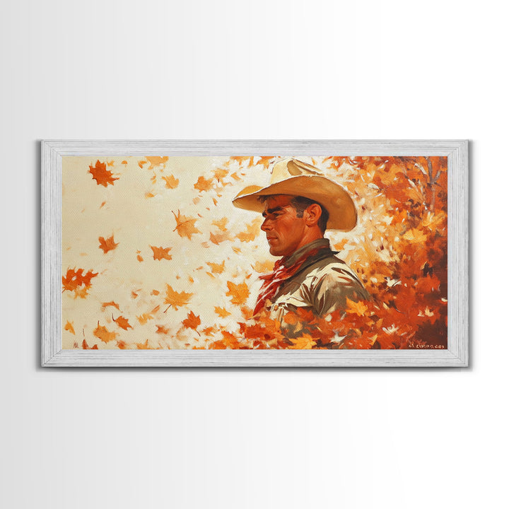 Cowboy and Fall Leaves, Framed Canvas Print Seasonal Wall Art Christmas Cowboy Gift Winter Landscape Wall Decor