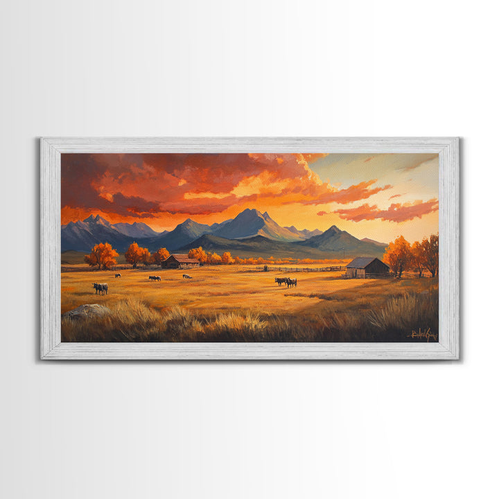 Fall Sunset Framed Canvas Print Scenic Ranch Landscape Art Autumn Wall Decor Ideal Holiday Home Decor and Gift for Farmhouse Style