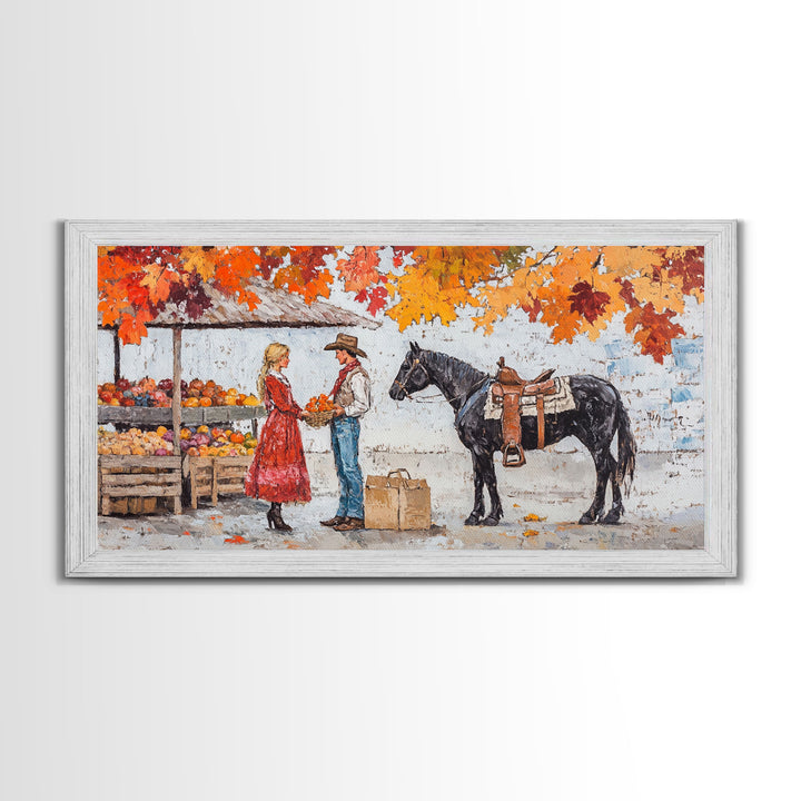 Cute Cowboy & Cowgirl Meet At The Market, Autumn Landscape Fall Colors Horse Rider Wall Art Rustic Fall Wall Decor, Framed Canvas Print
