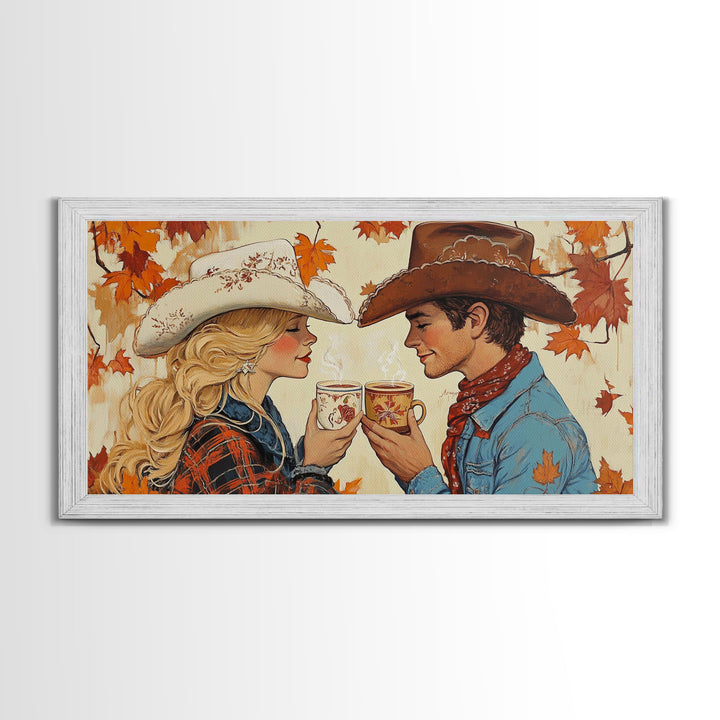 Cowgirl & Cowboy Enjoy Some Hot Chocolate, Art For Couples, Framed Canvas Print, Rustic Farmhouse Home Decor, Wall Art Rustic Decor
