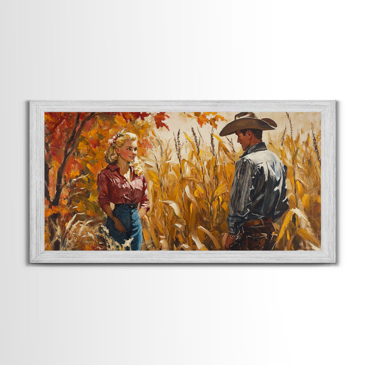 Cowboy & Cowgirl In Love, Framed Canvas Print, Vintage Holiday Winter Wall Art Western Christmas Decor