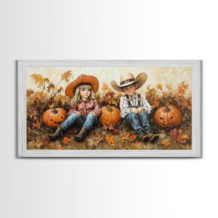 Framed Canvas Print Cowboy On Horse Overlooking Fall Mountain Peaks Western Horse Rider Autumn Scenic Wall Art Fall Colors