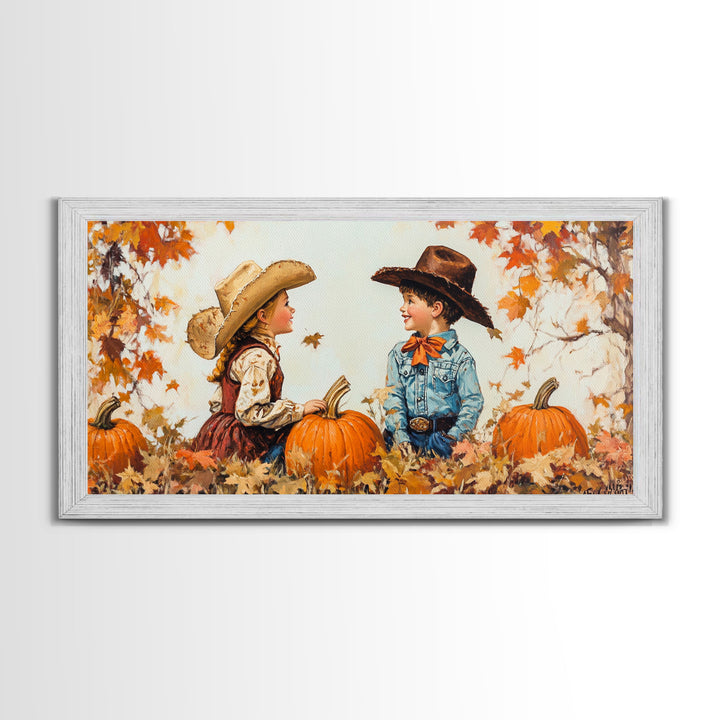 Cute Cowboy and Cowgirl In a Pumpkin Patch, Framed Canvas Print, 1950s Style Wall Art, Nursery Decor