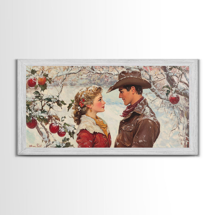 Cowboy and Cowgirl meet under the mistletoe, framed canvas print, cute winter wall art, Christmas home decor, seasonal rustic decor