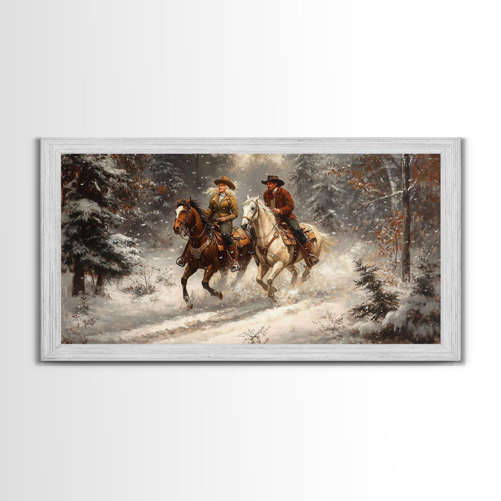 Riders In The Snow, Framed Canvas Print, Rustic Wall Decor, Primitive Art, wall art, warm fall colors, western decor, rustic farmhouse
