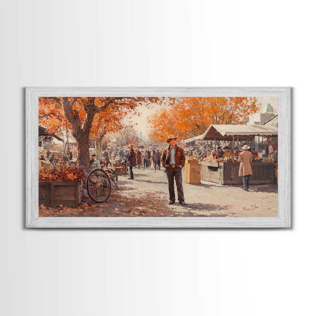 Cowboy in green jacket, snow-capped mountains trees, Framed Canvas Print, tall western Christmas wall art, winter decor, colorful landscape