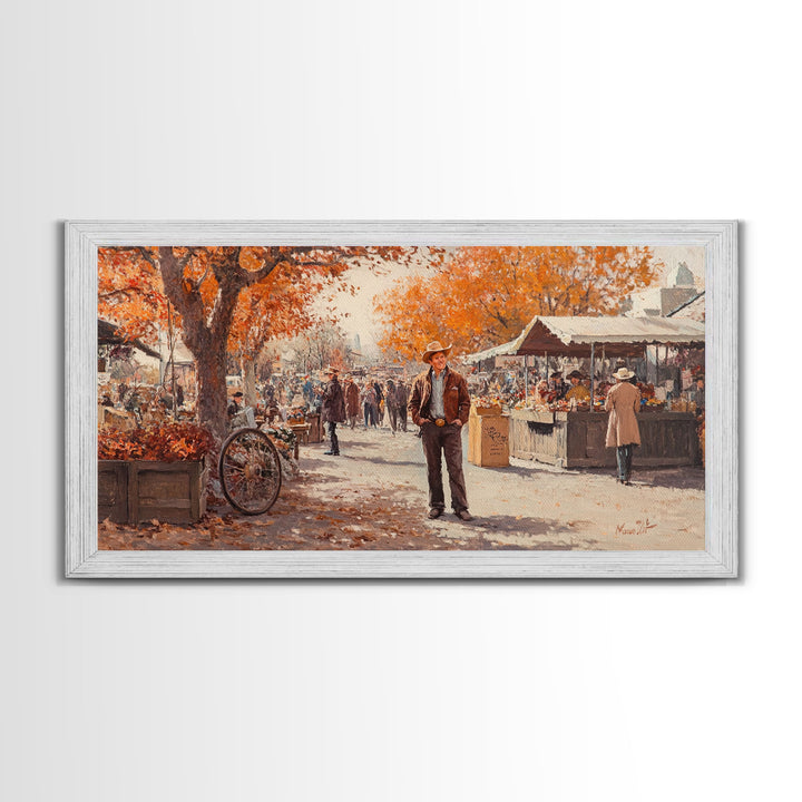 Cowboy in green jacket, snow-capped mountains trees, Framed Canvas Print, tall western Christmas wall art, winter decor, colorful landscape