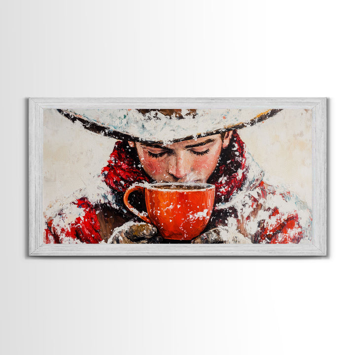 Cowboy in forest with burning fire, deep autumn hues, Framed Canvas Print, moody landscape, fall western art, rustic wall piece, wall decor