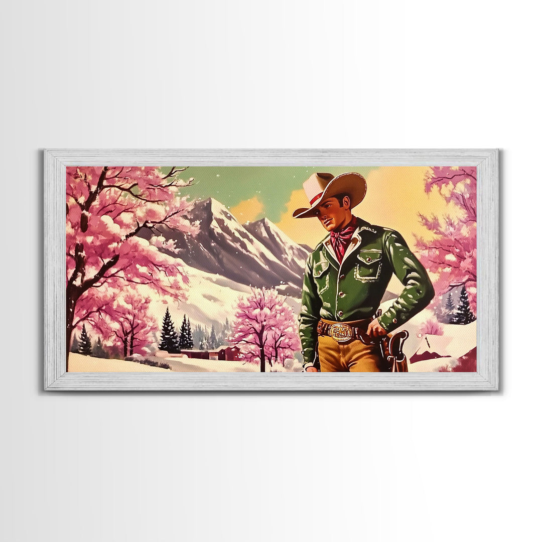 Retro Framed Canvas Print of a woman in a white dress standing next to a vintage pink truck, holiday wall art gift ideas any space