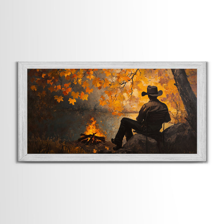 Cozy autumnal Framed Canvas Print featuring a woman with a mug, surrounded by vibrant fall leaves, perfect seasonal wall art for cozy spaces