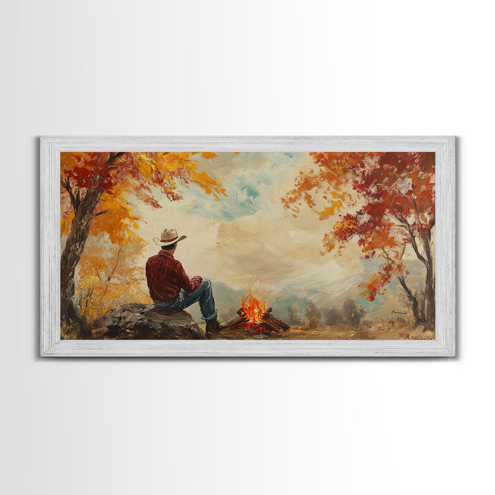 Cheerful Framed Canvas Print of a woman in a cowboy hat enjoying a coffee by fall colors, perfect vintage autumn wall art decor