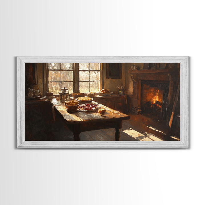 Cozy Kitchen Framed Canvas Print Autumn Fireplace Rustic Home Decor Seasonal Fall Art Large Wall Art Gift for Thanksgiving Decor