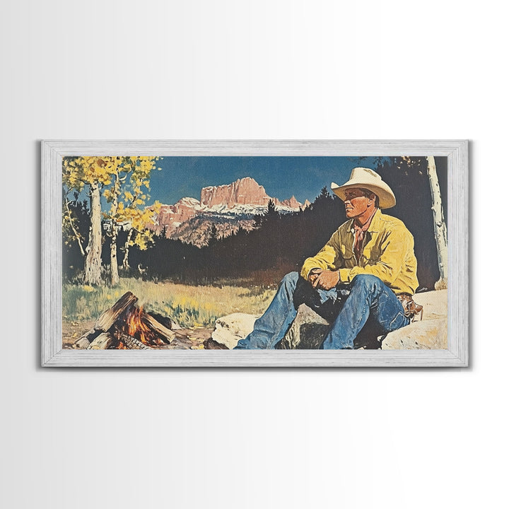 Bold monochromatic Framed Canvas Print showcasing a woman in a cowboy hat with horses in a snowy mountain landscape, rustic winter wall art