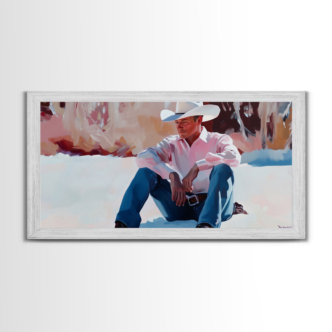 Fall harvest Framed Canvas Print featuring a cowgirl sitting among pumpkins in a rustic setting, farmhouse autumn decor and wall art
