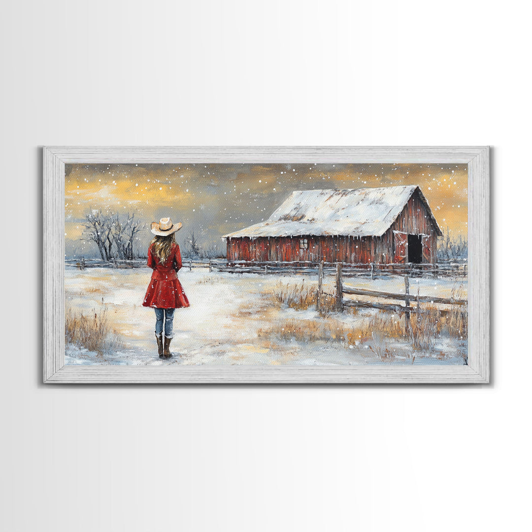 Barn Painting Framed Canvas Print, Cowgirl and her Barn, Rustic Farmhouse Decor, Winter Painting, Winter Wonderland, Farmhouse Wall Art