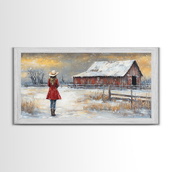 Barn Painting Framed Canvas Print, Cowgirl and her Barn, Rustic Farmhouse Decor, Winter Painting, Winter Wonderland, Farmhouse Wall Art