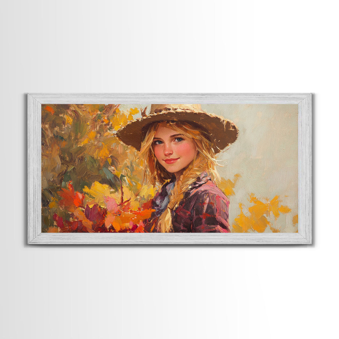 Cowgirl Amongst The Fall Leaves, Framed Canvas Print, Serene Fall Wall Decor, Perfect Rustic Seasonal Wall Art and Gift Idea