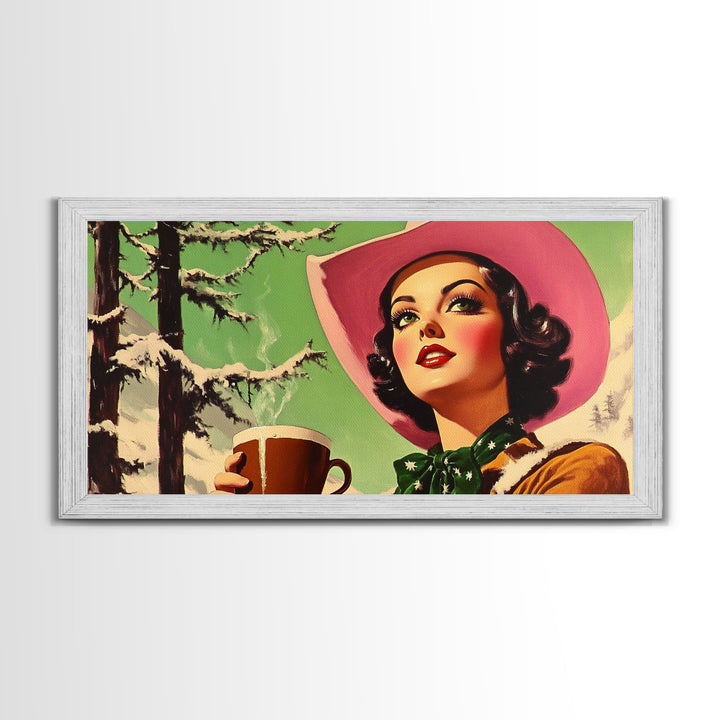 Retro Cowgirl Having A Cup Of Coffee, Framed Canvas Print, 1950s Style Wall Art, Vintage Art, Winter Decor, Watercolor Christmas Art