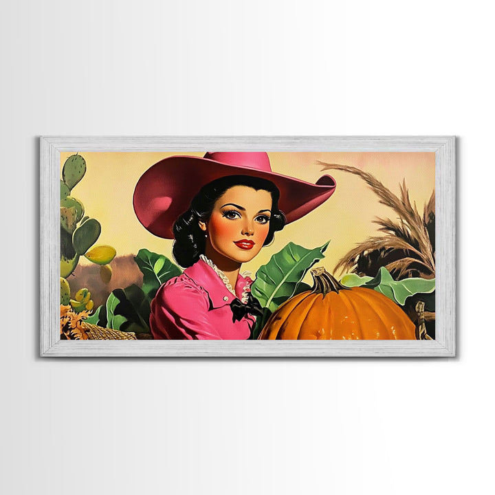 Retro Cowgirl In A Pumpkin Patch, Framed Canvas Print, Fall and Autumn Rustic Decor, perfect autumn or Christmas decor wall art