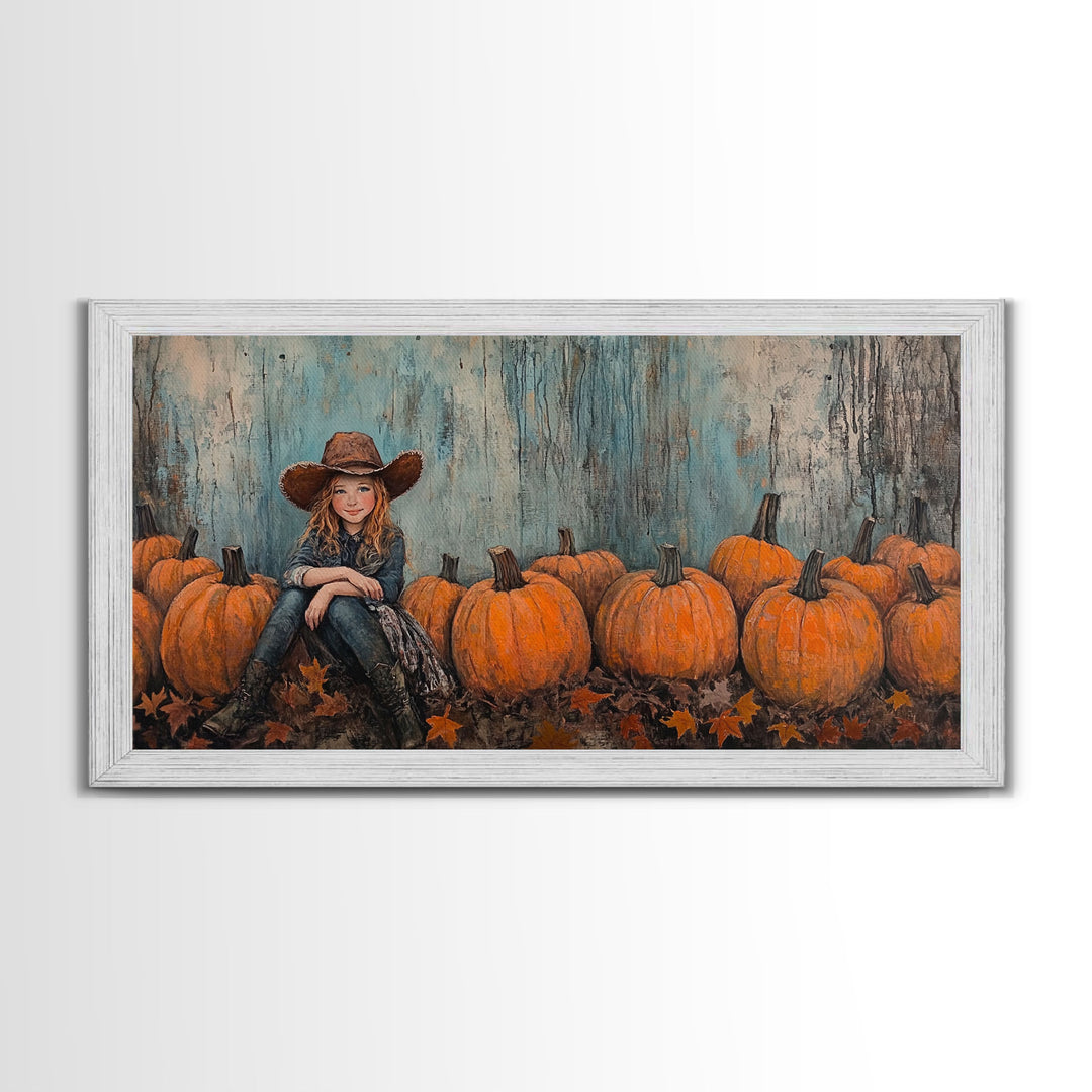 Cute Cowgirl In A Pumpkin Patch, Framed Canvas Print, Fall / Thanksgiving Decor, minimalist seasonal art for autumn or Christmas decor
