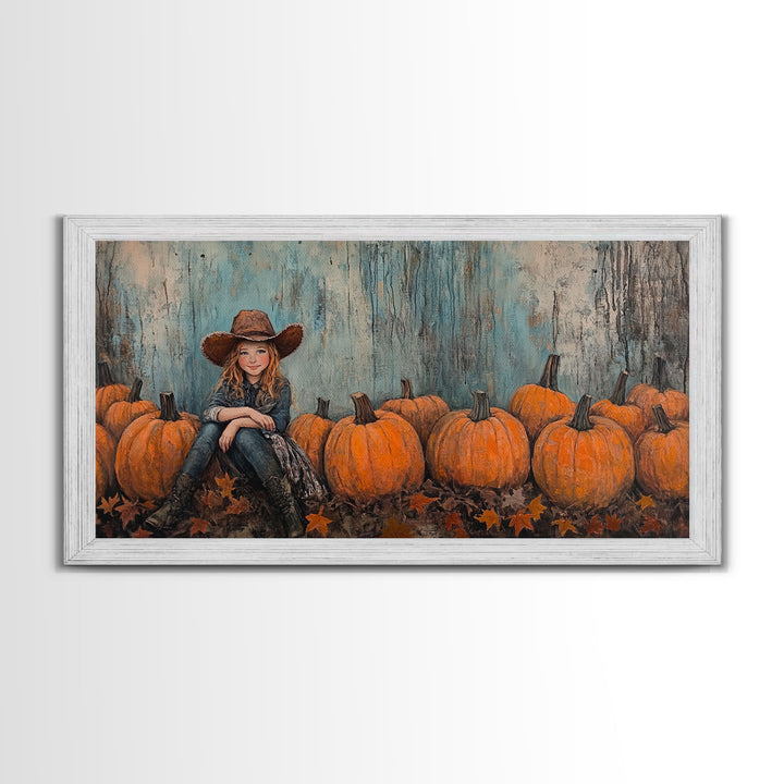 Cute Cowgirl In A Pumpkin Patch, Framed Canvas Print, Fall / Thanksgiving Decor, minimalist seasonal art for autumn or Christmas decor