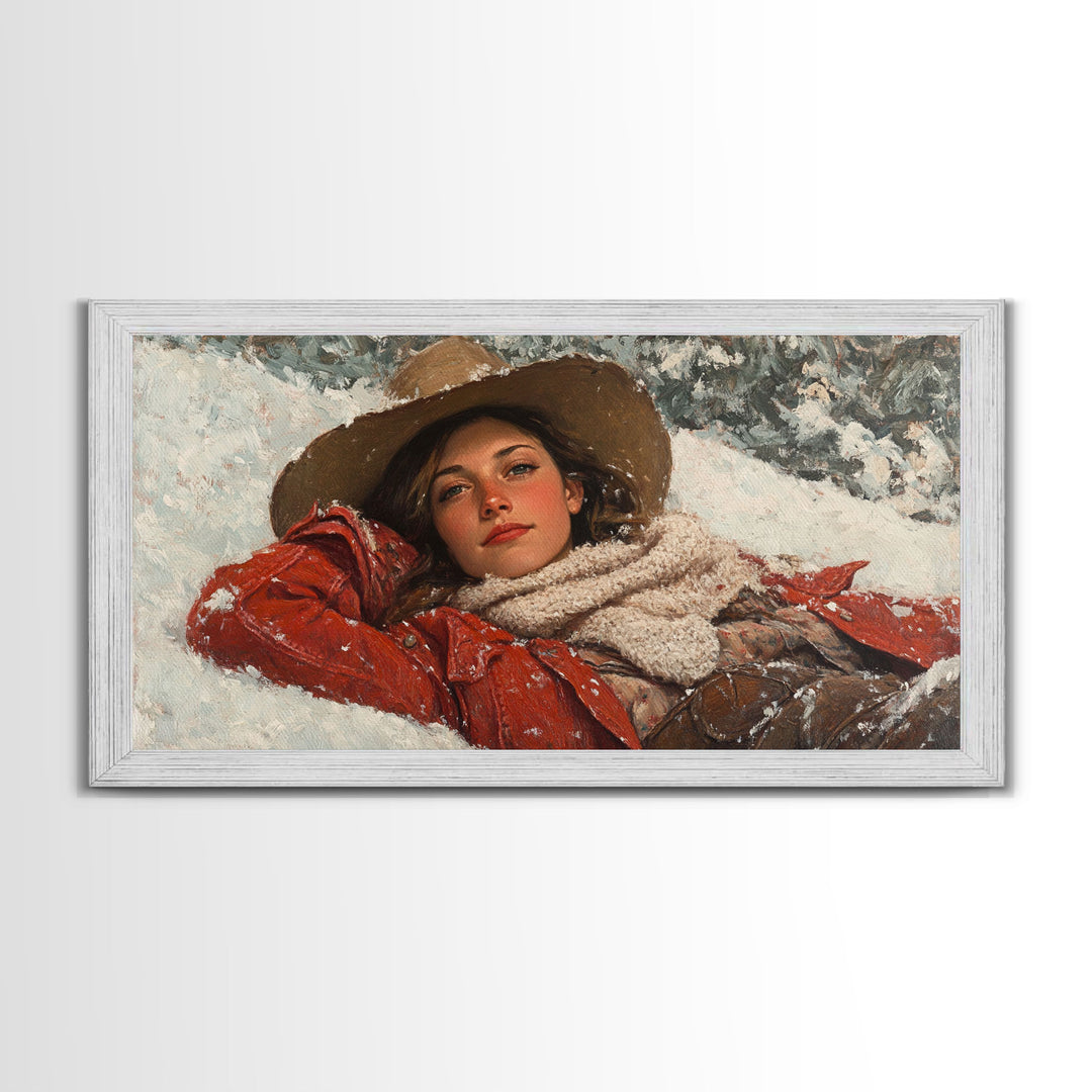 Cowgirl Laying In The Snow Framed Canvas Print, Cute Rustic Decor, Cowgirl Portrait Painting, Winter Wall Art